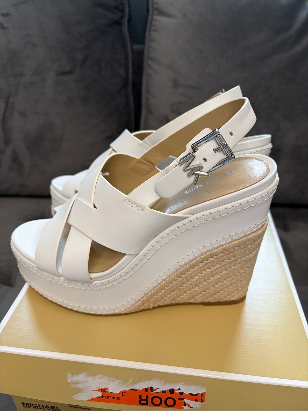 Michael Kors White Leather Nora Wedge Sandals with Buckle